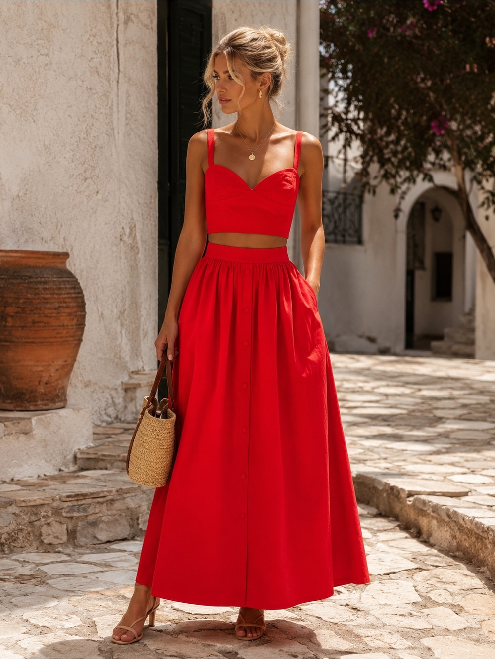 Endless Rose Red Two Piece Bustier Crop Top + Button Front Maxi Skirt Set Small